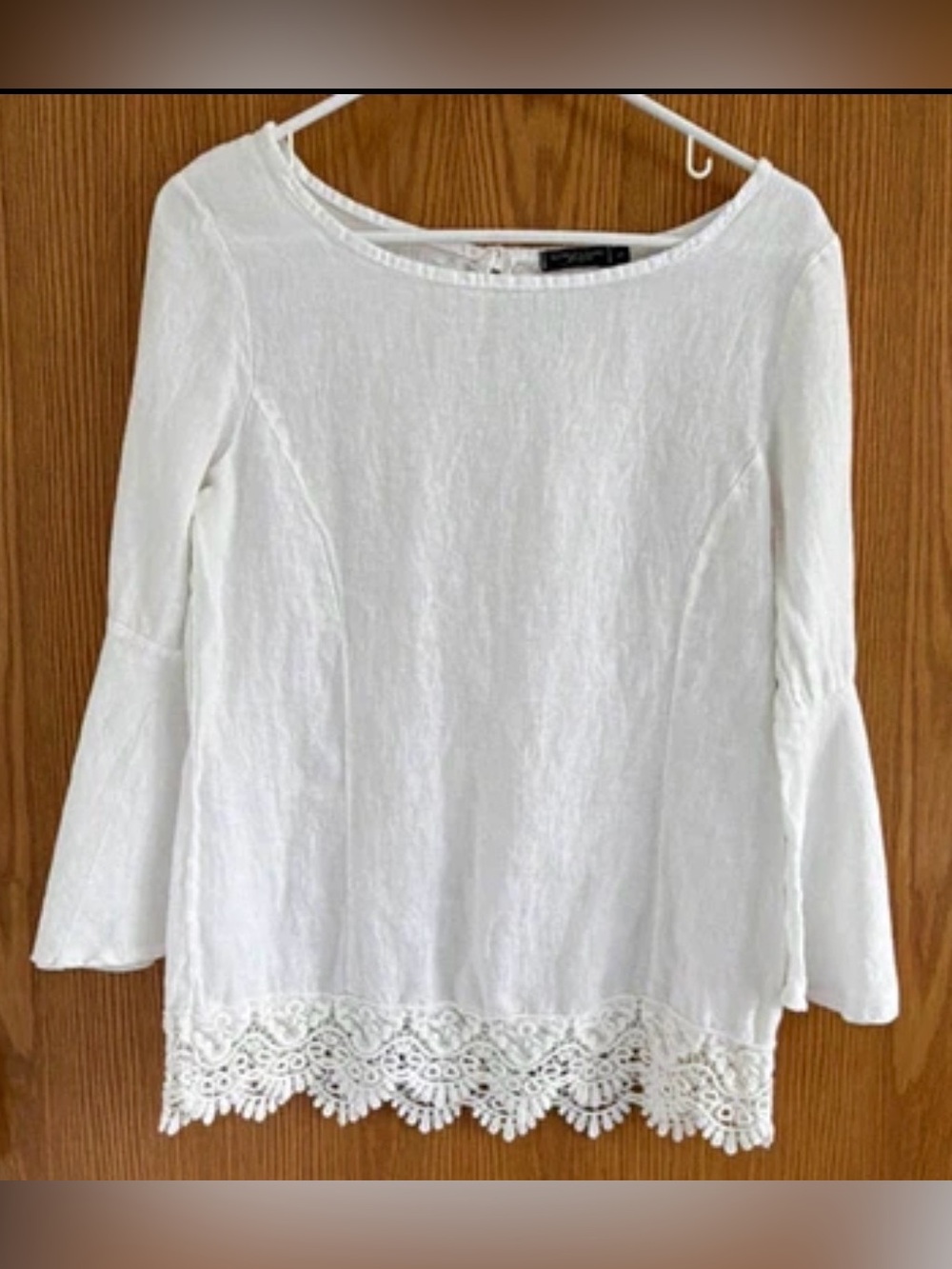 Lungo L’Arno 100% Linen Top S White Crochet Lace Bell Sleeve Coastal Boho Italy